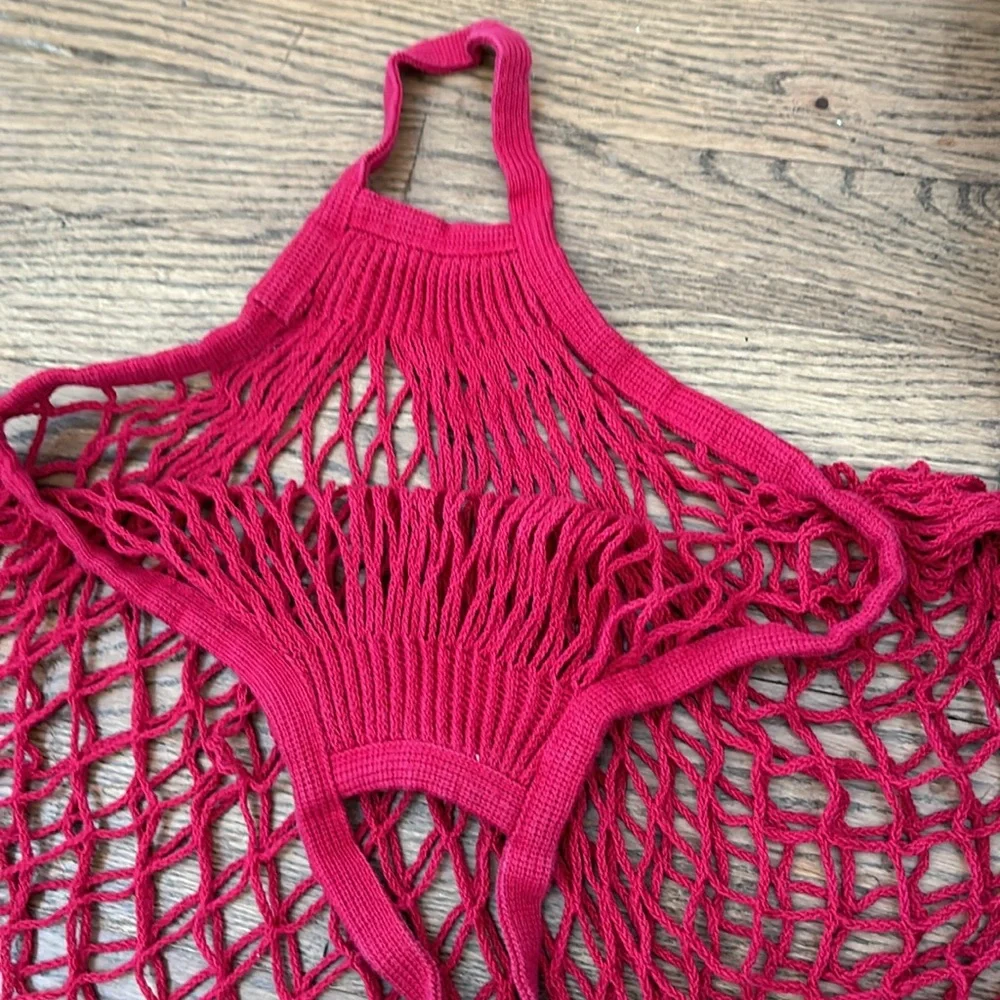 Filt French braid net market bag short handle red boho collapsible tote